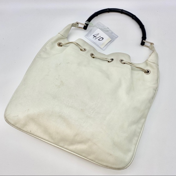 GUCCI BAMBOO WHITE LEATHER SHOULDER BAG DRAWSTRING - Picture 5 of 7